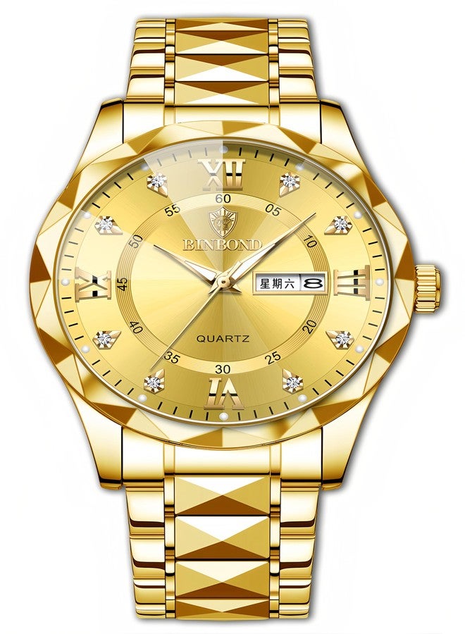 Gosasa Luxury Men's and Women's Business Diamond Stainless Steel Waterproof Roman Numeral Analog Quartz Watch with Day-Date Calendar, Gold and Silver Tone (All Gold, Men) - Image 1